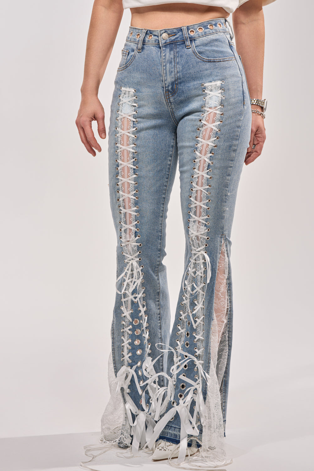 LOVE ME LIKE THAT LACE UP FLARE DENIM