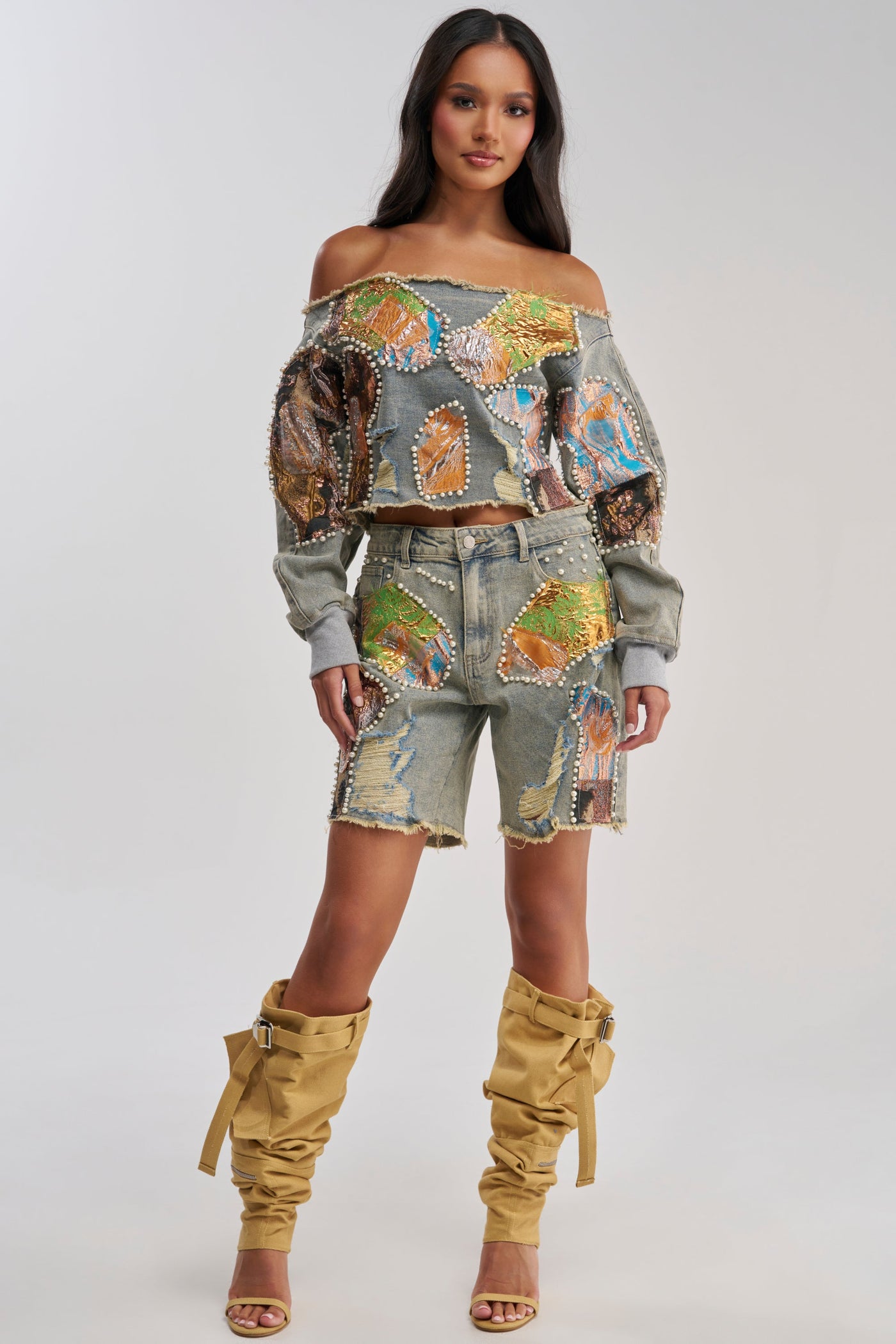 PATCHED UP LOW RISE BROCADE BERMUDA