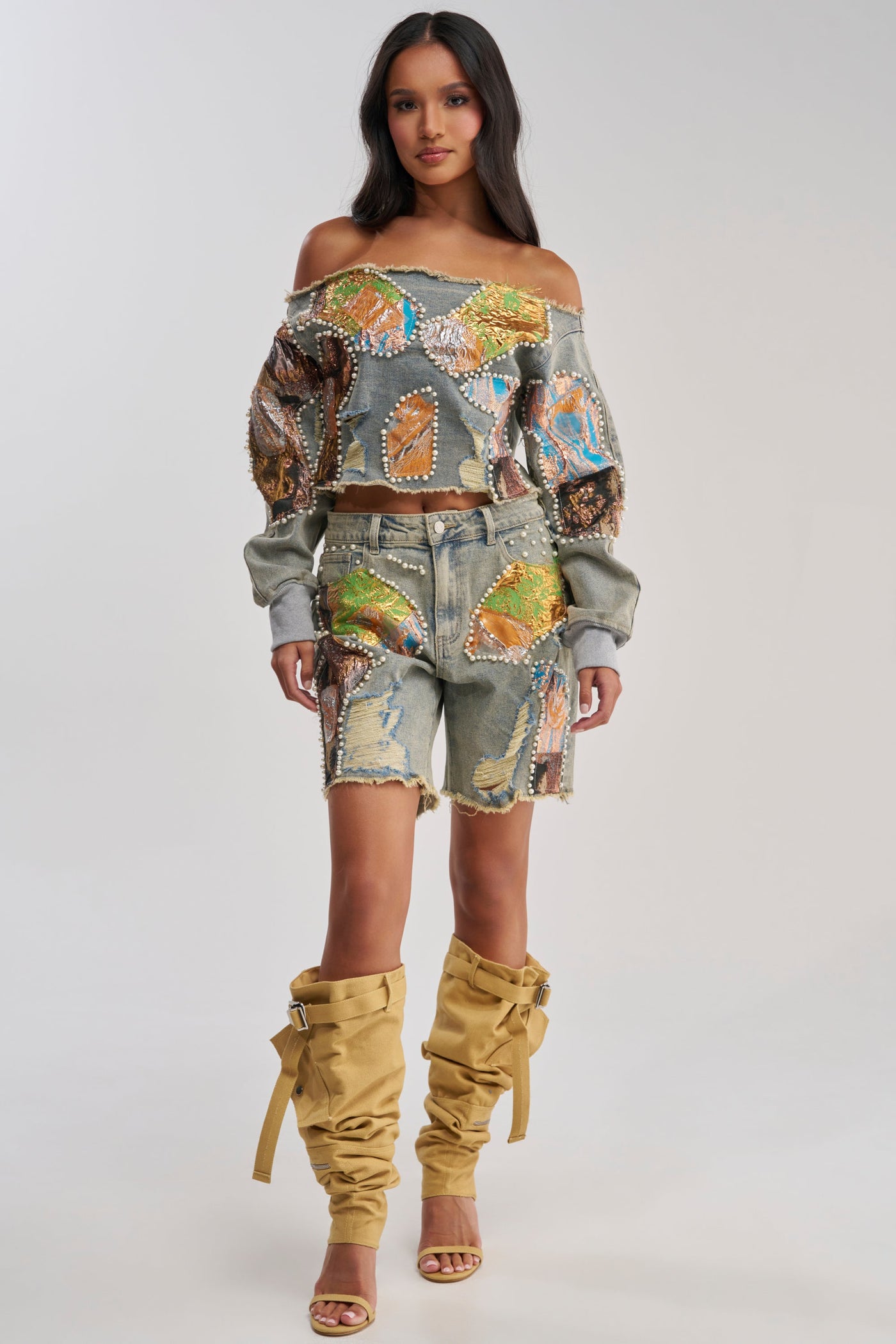 PATCHED UP LOW RISE BROCADE BERMUDA