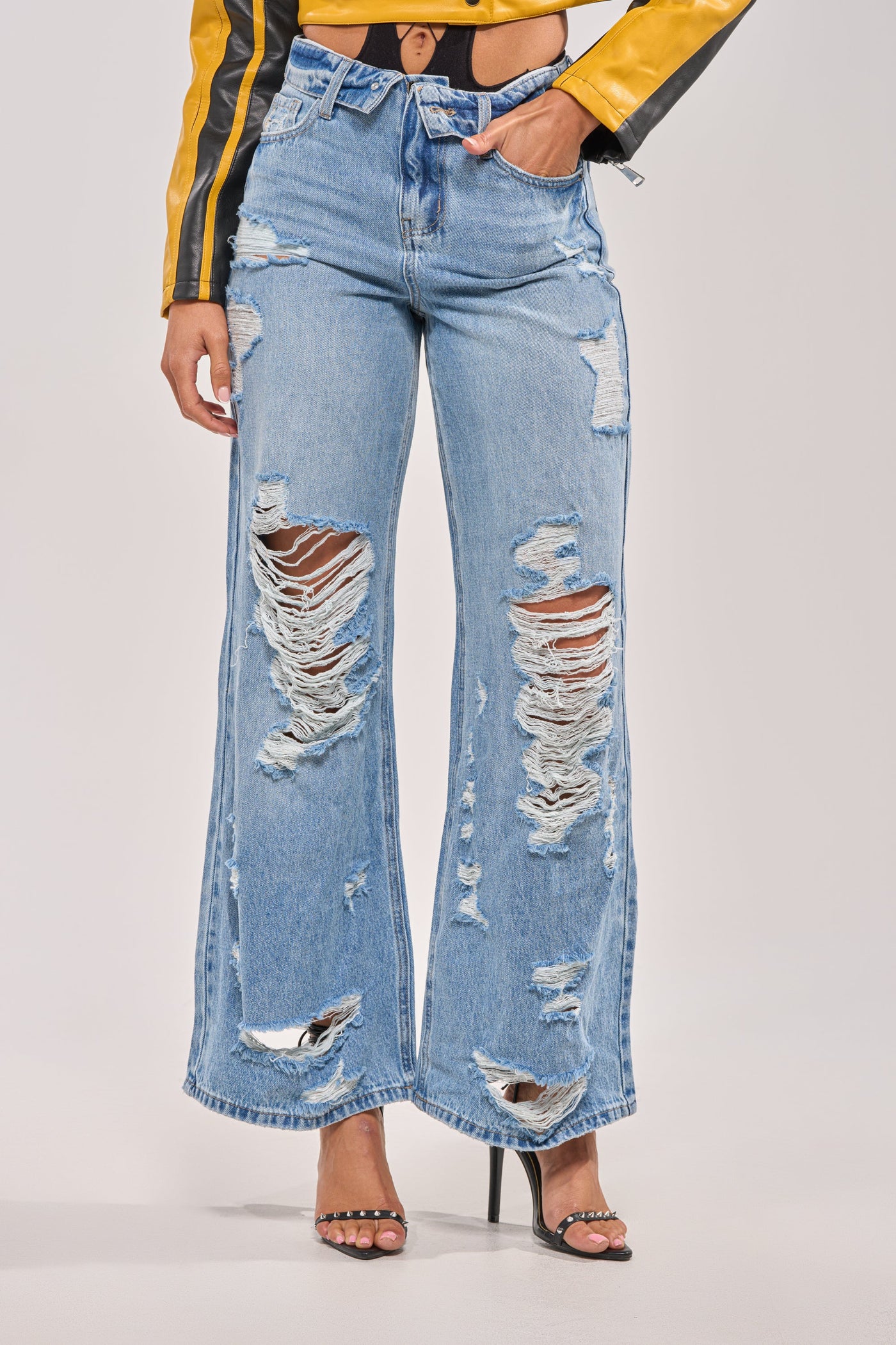 SOMETHING NEW FOLD OVER WAISTBAND DISTRESSED DENIM