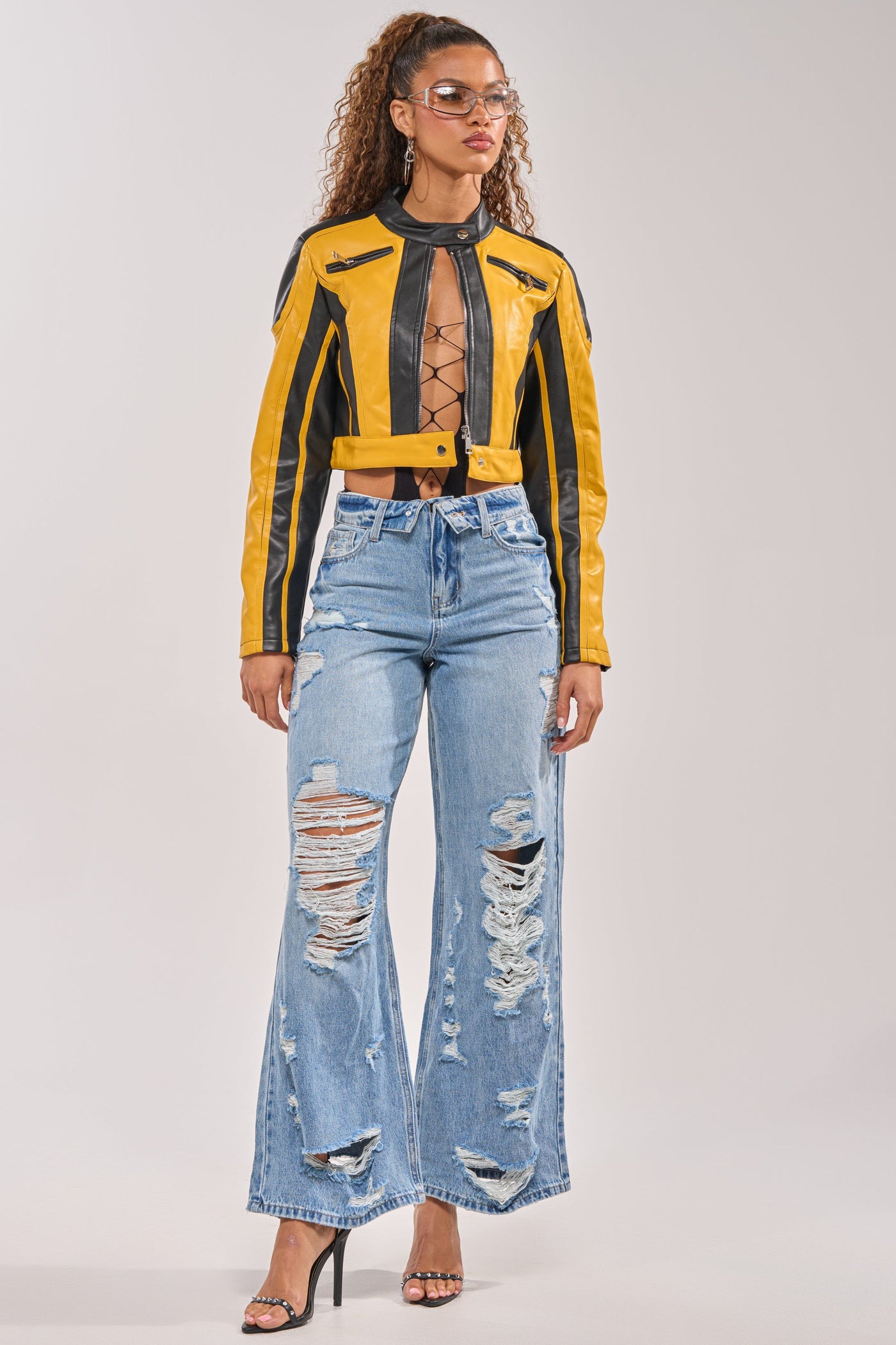 SOMETHING NEW FOLD OVER WAISTBAND DISTRESSED DENIM