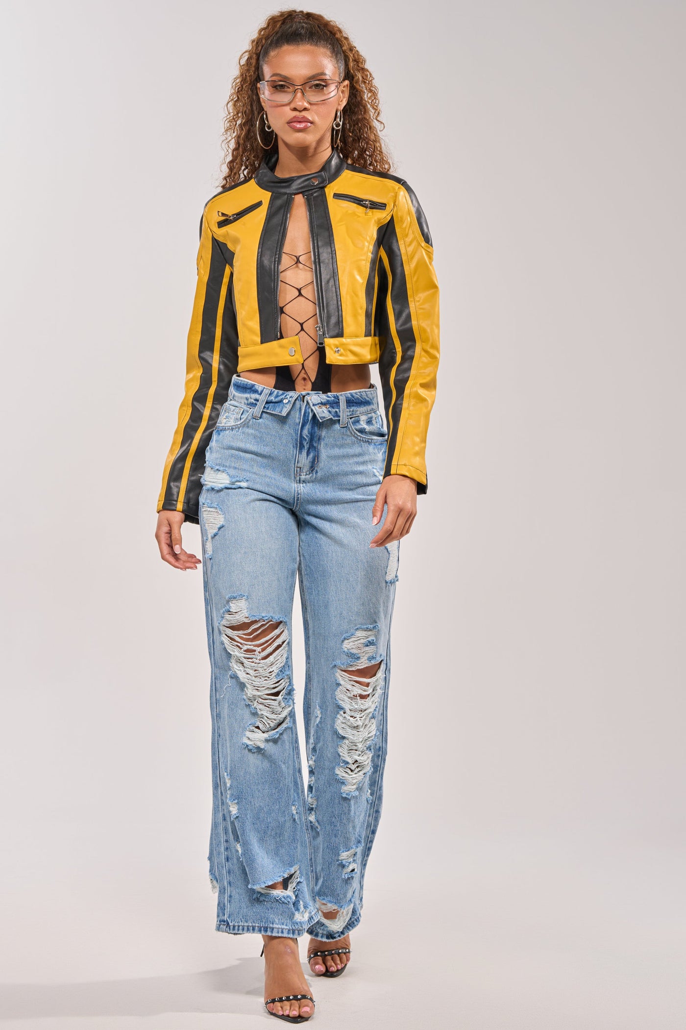 SOMETHING NEW FOLD OVER WAISTBAND DISTRESSED DENIM