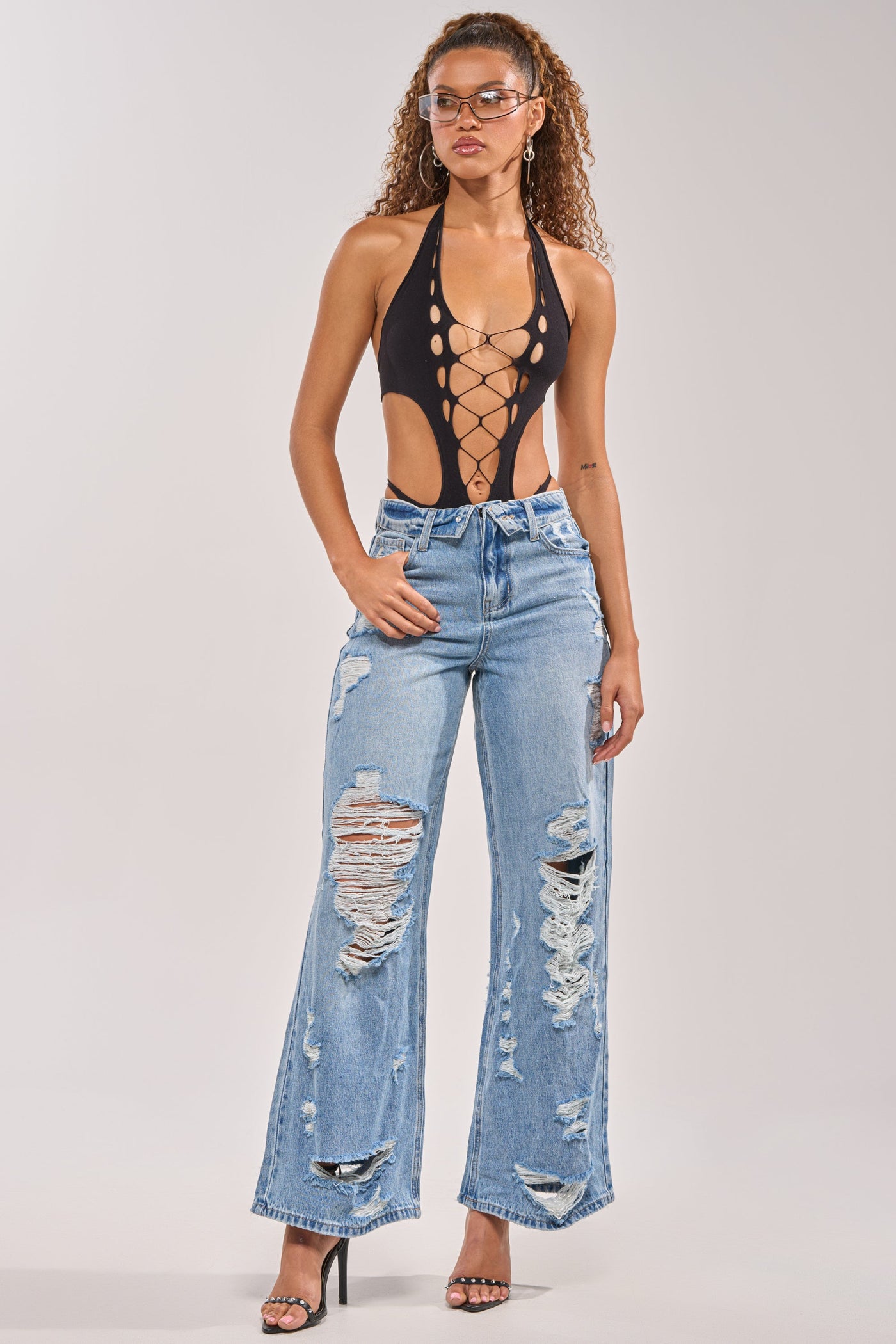 SOMETHING NEW FOLD OVER WAISTBAND DISTRESSED DENIM