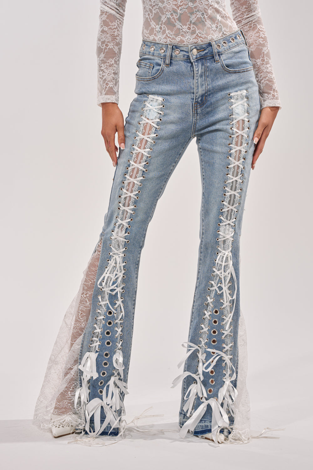 LOVE ME LIKE THAT LACE UP FLARE DENIM
