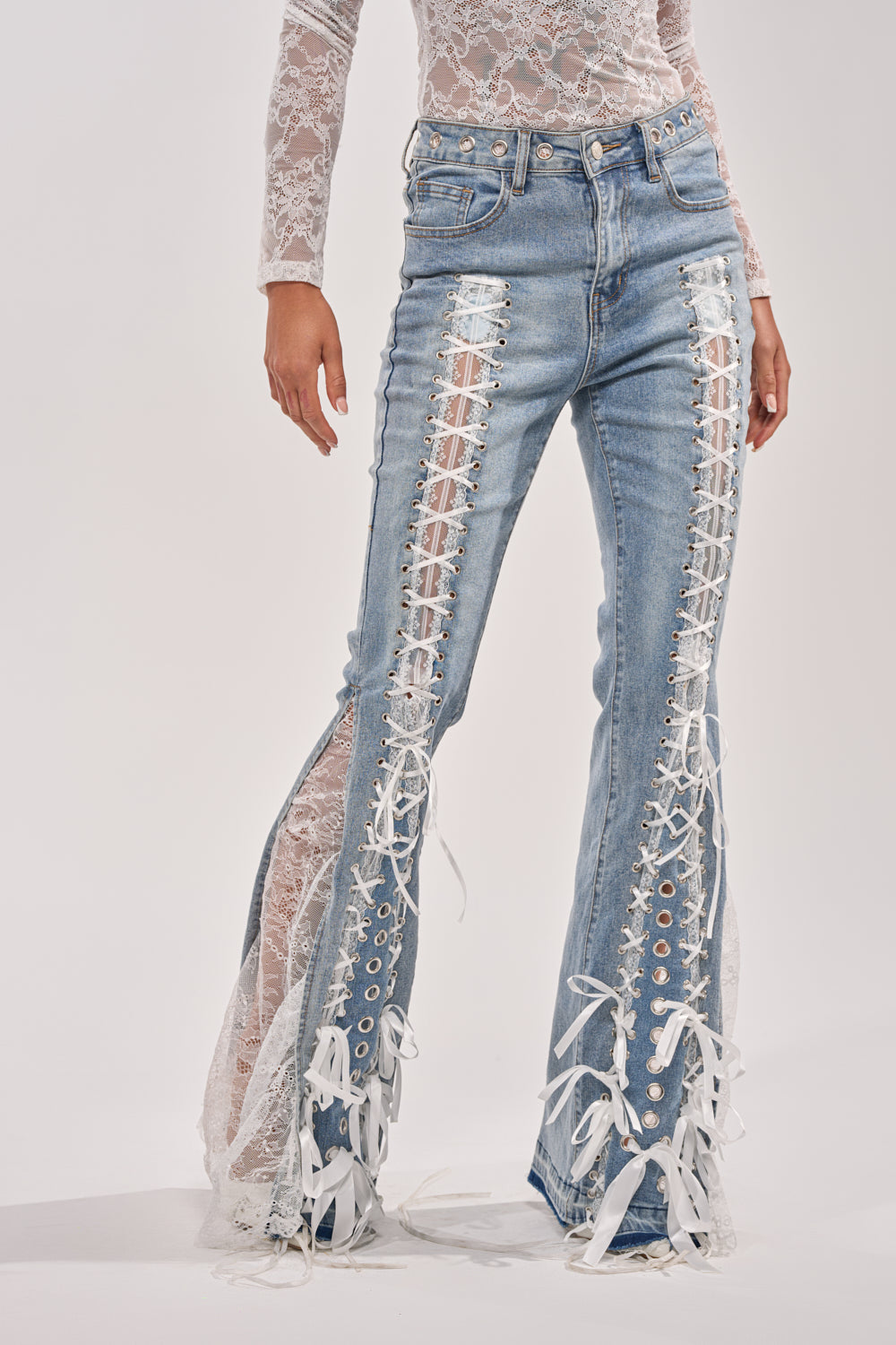 LOVE ME LIKE THAT LACE UP FLARE DENIM