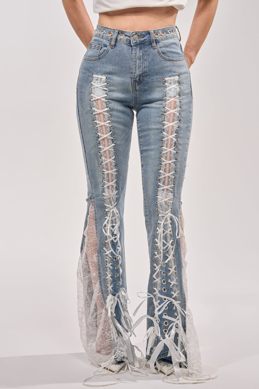 LOVE ME LIKE THAT LACE UP FLARE DENIM