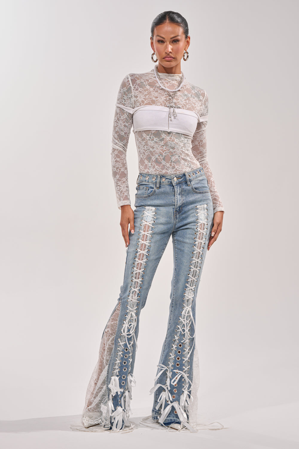 LOVE ME LIKE THAT LACE UP FLARE DENIM