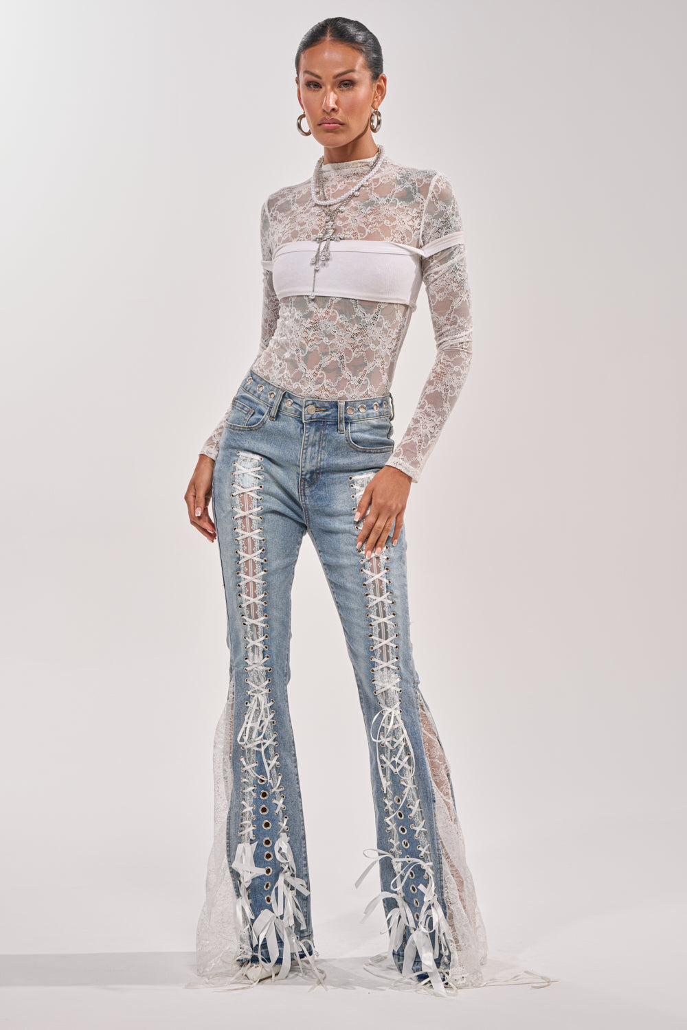 LOVE ME LIKE THAT LACE UP FLARE DENIM