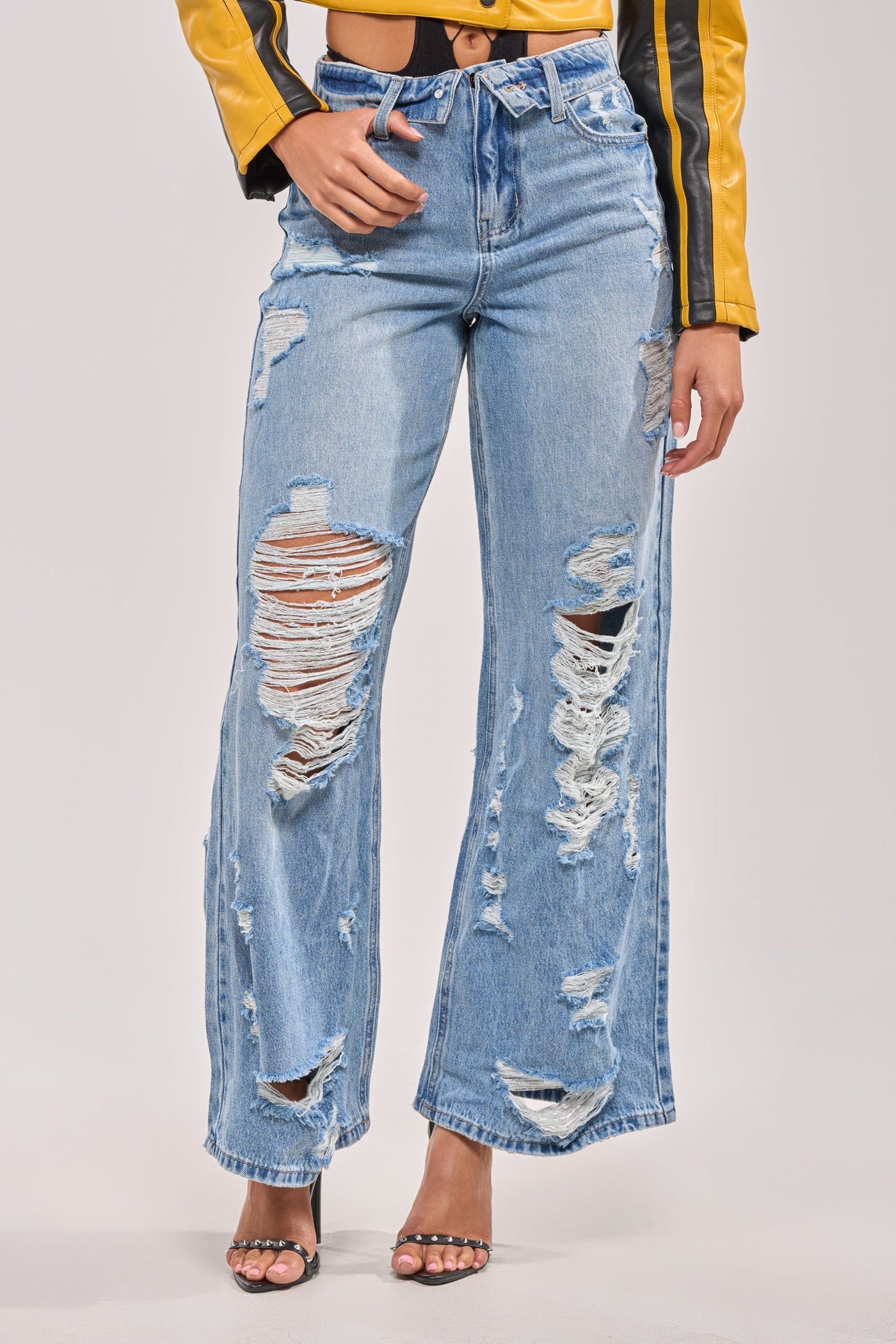 SOMETHING NEW FOLD OVER WAISTBAND DISTRESSED DENIM