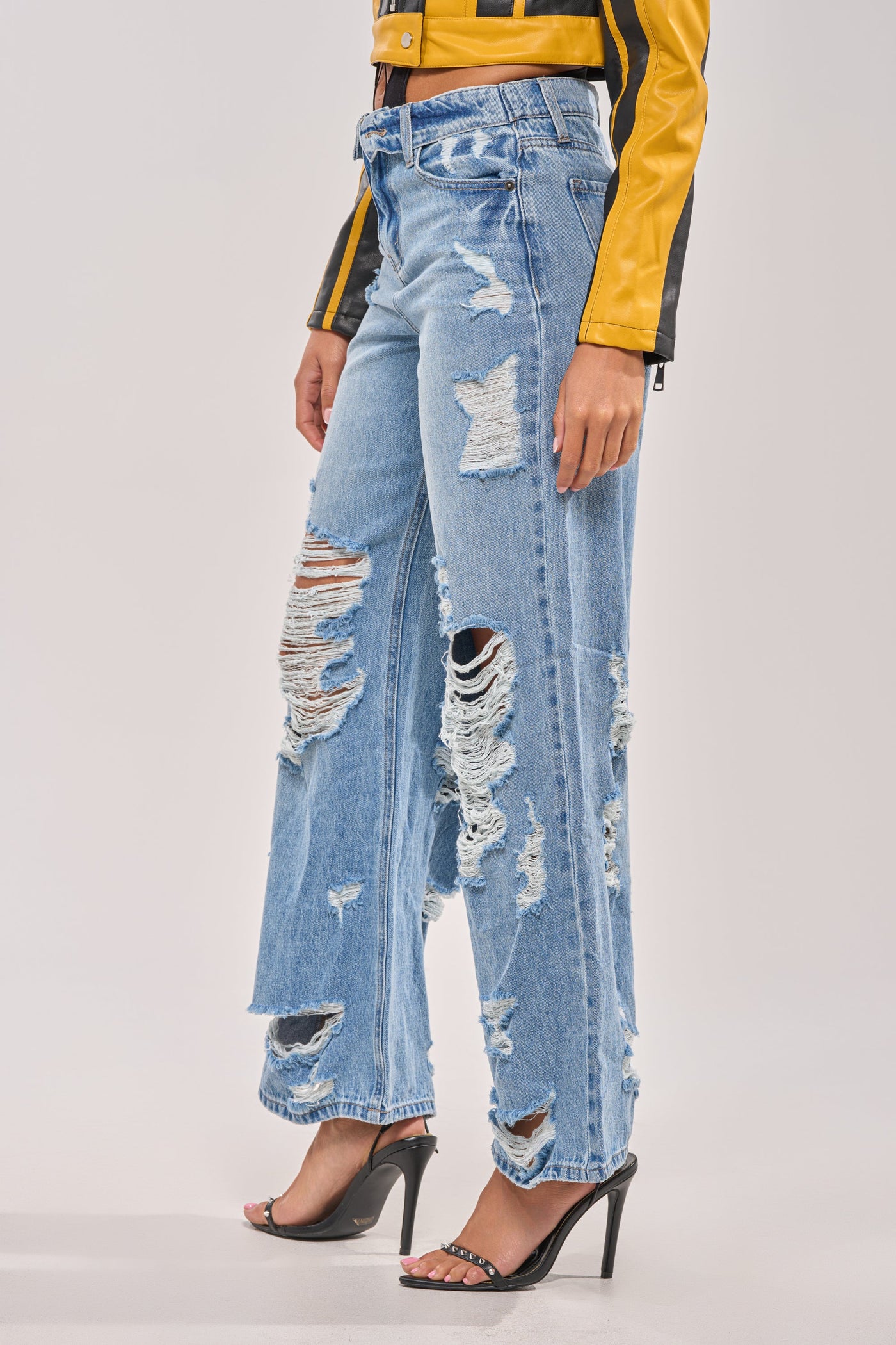 SOMETHING NEW FOLD OVER WAISTBAND DISTRESSED DENIM